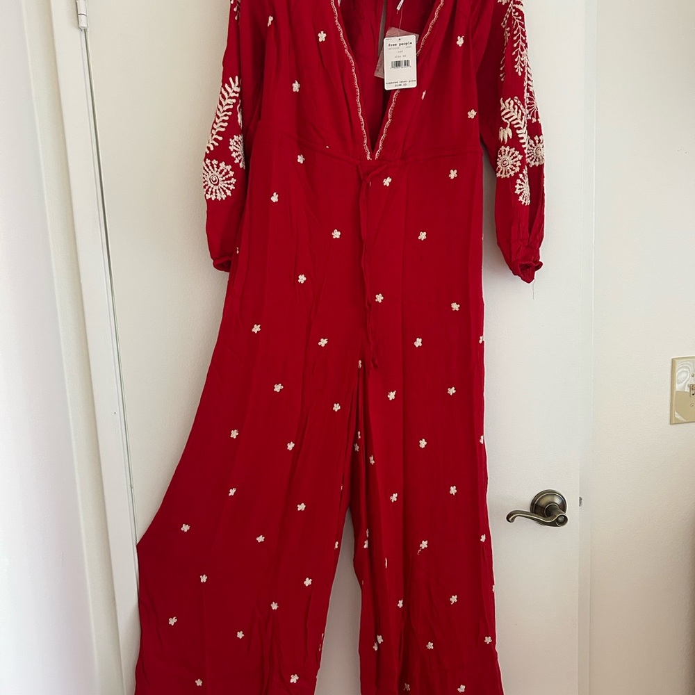 Free People Red and White Polka Dot Jumpsuit V-Neck Wide-Leg